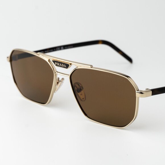 Prada Men Sunglasses Gold Brown Polarized Pilot Men PR58YS ZVN5Y1 BRAND NEW - Picture 5 of 12